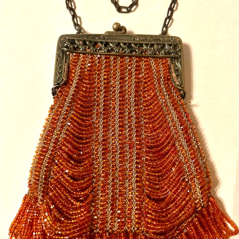Vintage 1920's Art Deco French glass seed fringed, beaded evening bag